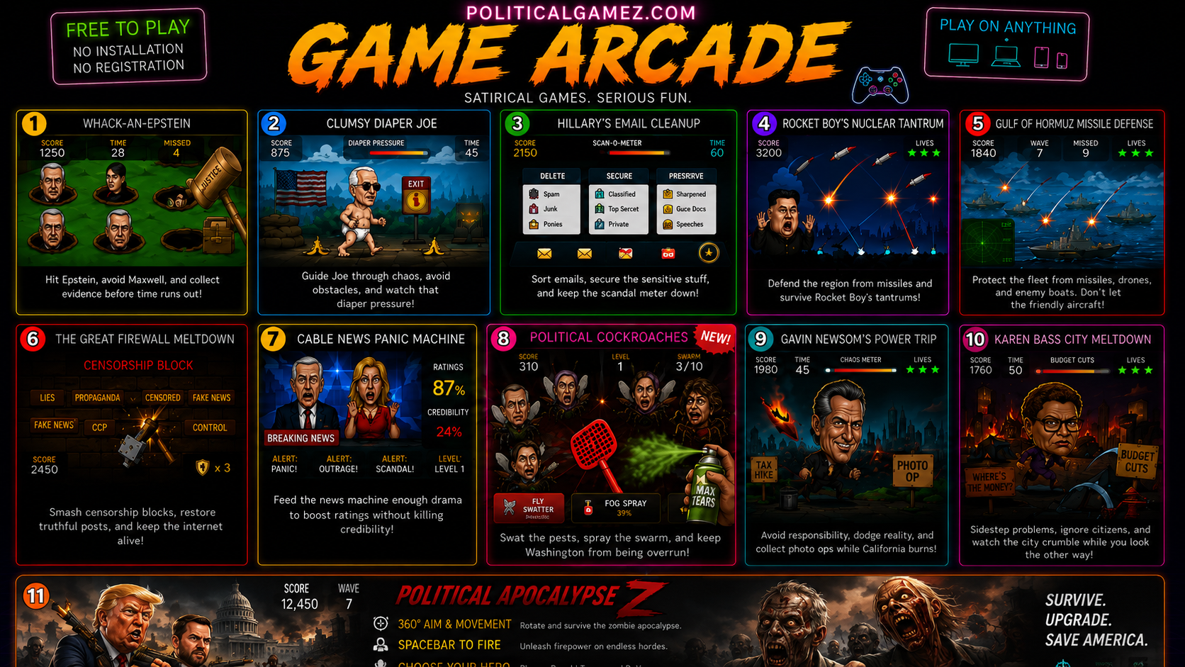 PoliticalGamez arcade containing eleven clickable satirical games